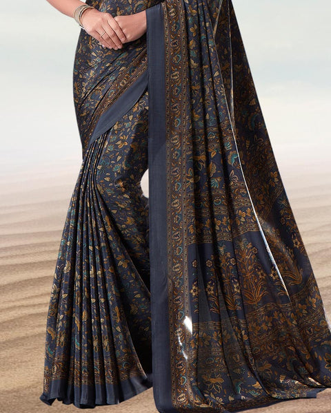 Dark Bluish Grey Digital Print Premium Crepe Saree