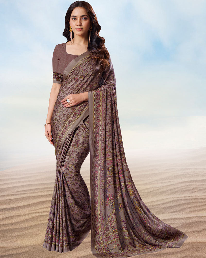 Light Tobacco Brown Digital Print Premium Crepe Saree