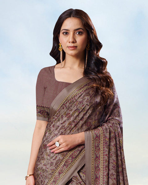 Light Tobacco Brown Digital Print Premium Crepe Saree