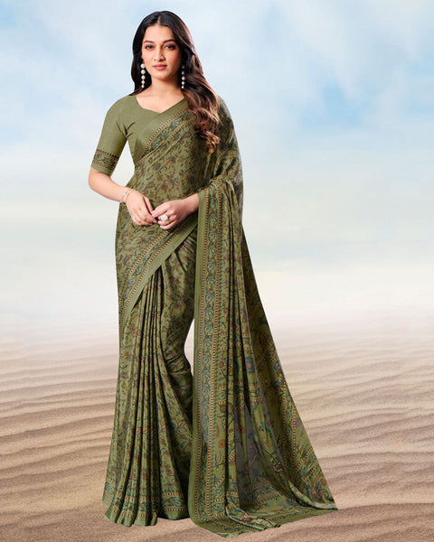 Light Olive Green Digital Print Premium Crepe Saree