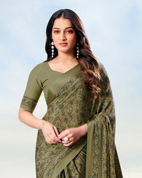 Light Olive Green Digital Print Premium Crepe Saree