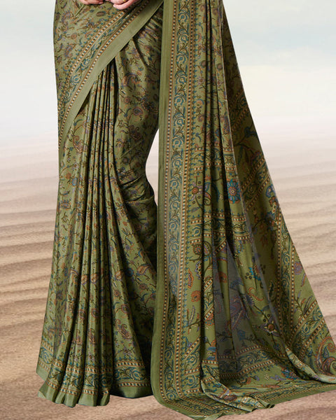 Light Olive Green Digital Print Premium Crepe Saree