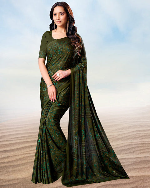 Metallic Green Digital Print Premium Crepe Saree