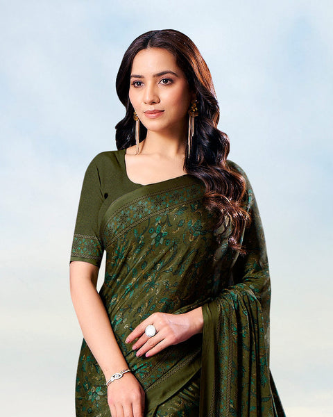 Metallic Green Digital Print Premium Crepe Saree