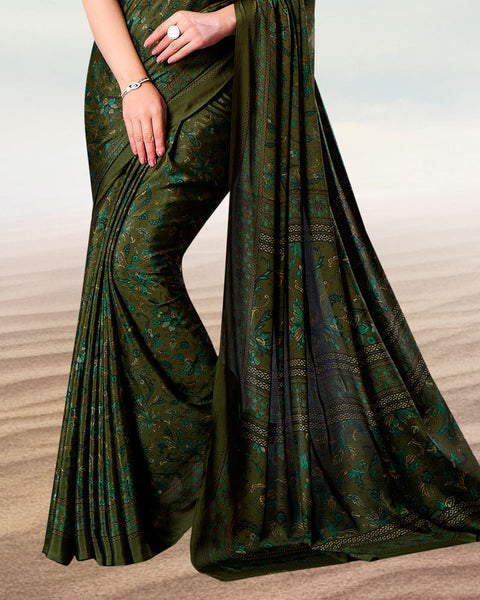 Metallic Green Digital Print Premium Crepe Saree