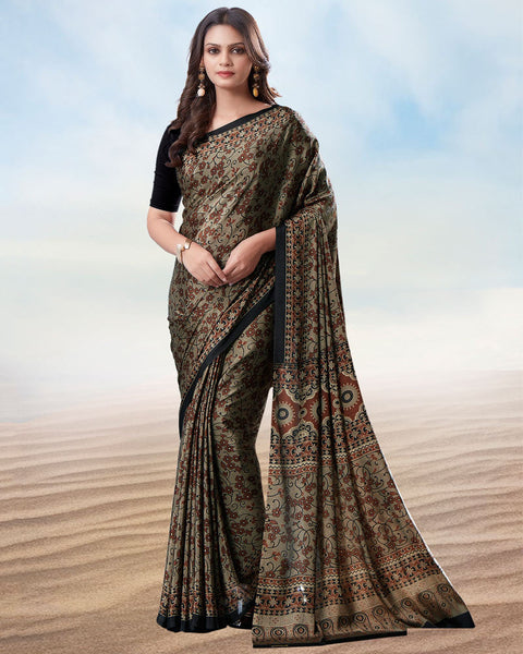 Dusty Brown Digital Print Premium Crepe Saree