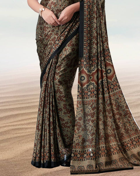 Dusty Brown Digital Print Premium Crepe Saree
