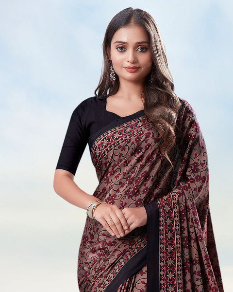 Rosy Pink Digital Print Premium Crepe Saree