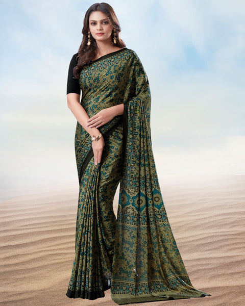 Dark Khaki Brown Digital Print Premium Crepe Saree