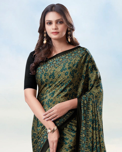 Dark Khaki Brown Digital Print Premium Crepe Saree