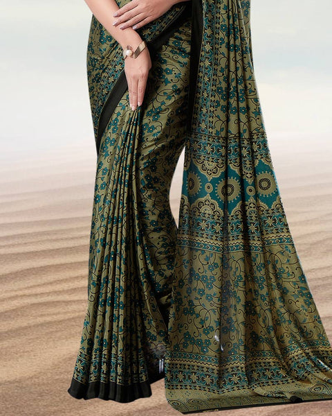 Dark Khaki Brown Digital Print Premium Crepe Saree