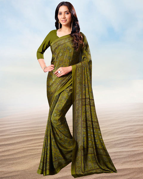 Brownish Green Digital Print Premium Crepe Saree