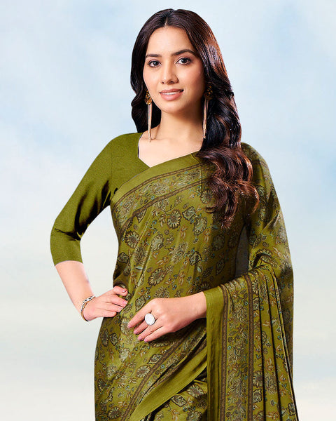 Brownish Green Digital Print Premium Crepe Saree