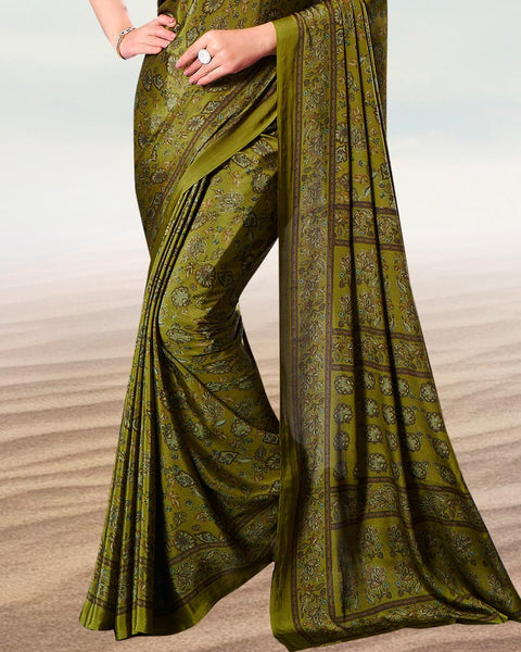 Brownish Green Digital Print Premium Crepe Saree