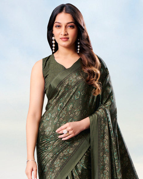 Lunar Green Digital Print Premium Crepe Saree