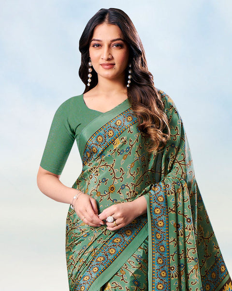 Spanish Green Digital Print Premium Crepe Saree