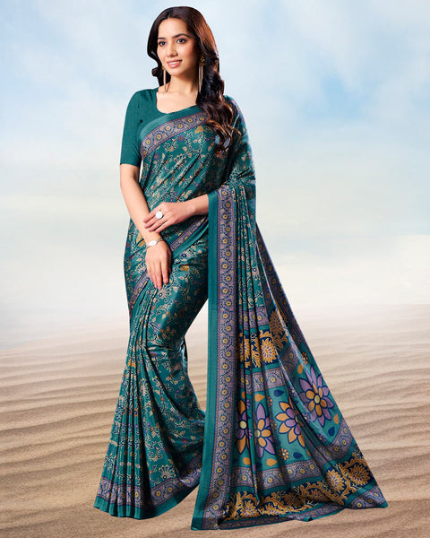 Dark Aqua Green Digital Print Premium Crepe Saree