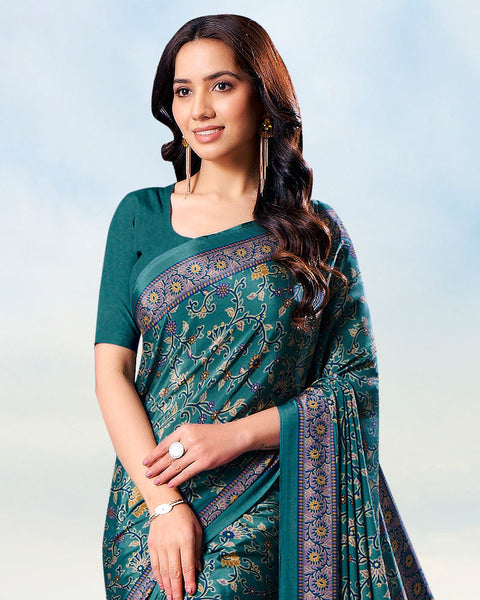 Dark Aqua Green Digital Print Premium Crepe Saree