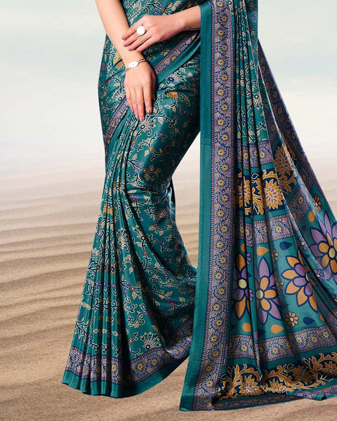 Dark Aqua Green Digital Print Premium Crepe Saree