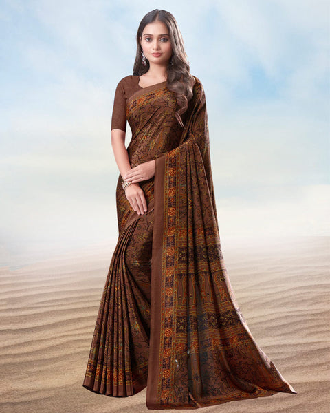 Irish Brown Digital Print Premium Crepe Saree