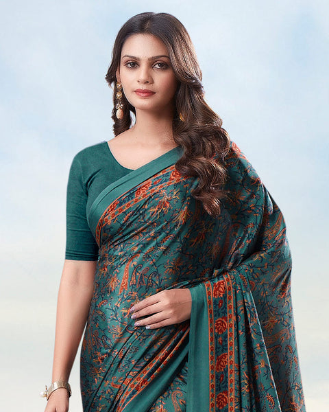 Dusty Teal Green Digital Print Premium Crepe Saree