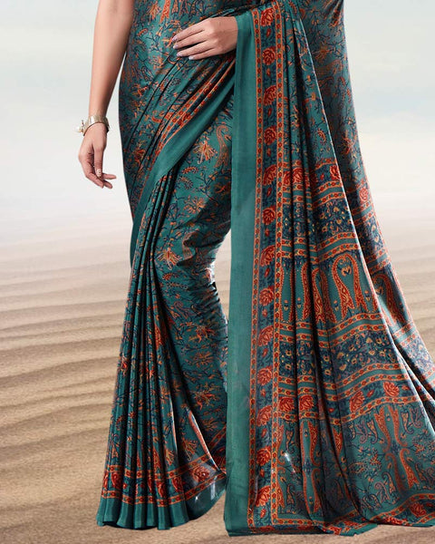 Dusty Teal Green Digital Print Premium Crepe Saree