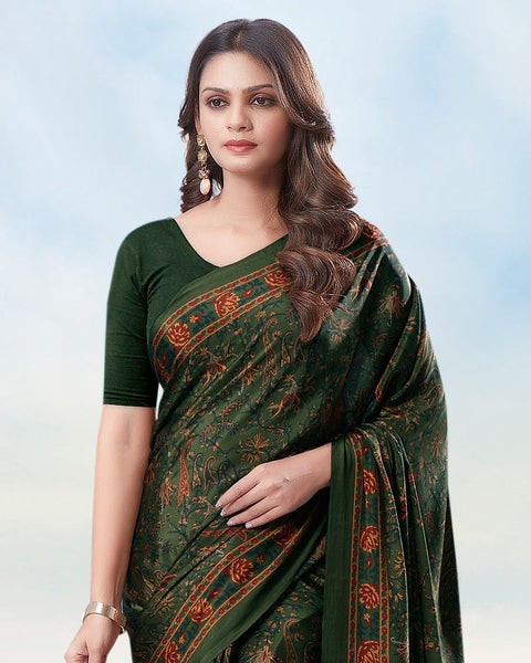 Dark Forest Green Digital Print Premium Crepe Saree
