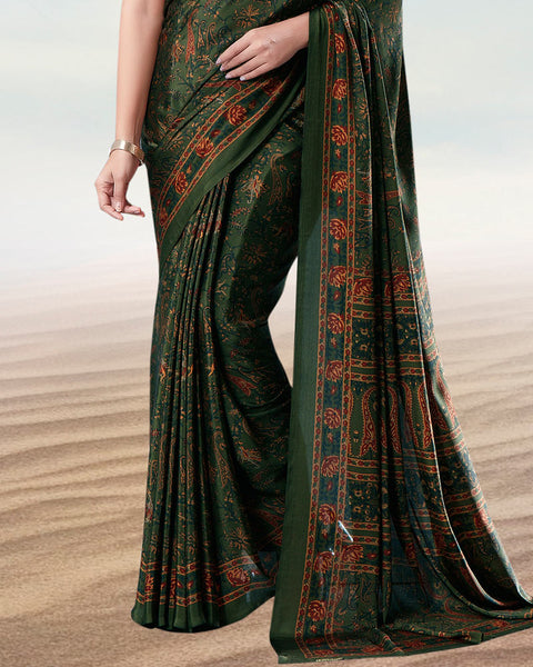Dark Forest Green Digital Print Premium Crepe Saree