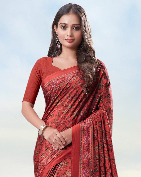 Pale Carmine Red Digital Print Premium Crepe Saree