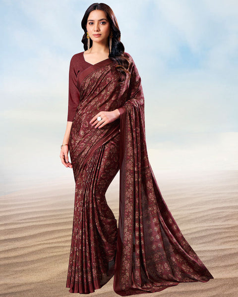 Metallic Brown Digital Print Premium Crepe Saree