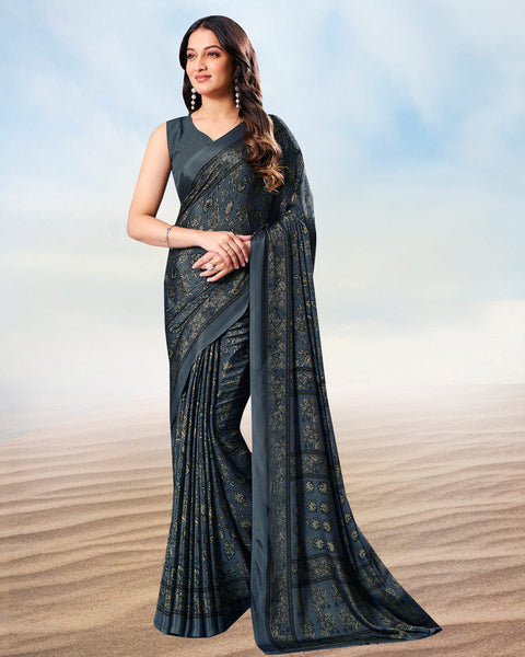 Dark Charcoal Grey Digital Print Premium Crepe Saree