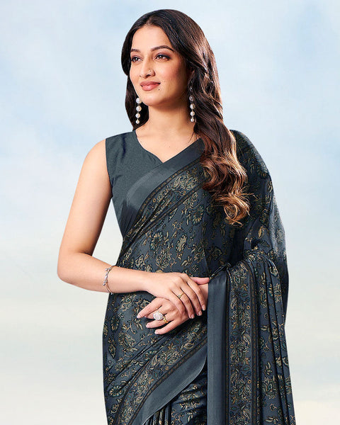 Dark Charcoal Grey Digital Print Premium Crepe Saree