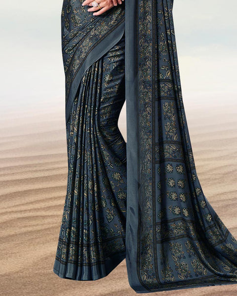 Dark Charcoal Grey Digital Print Premium Crepe Saree
