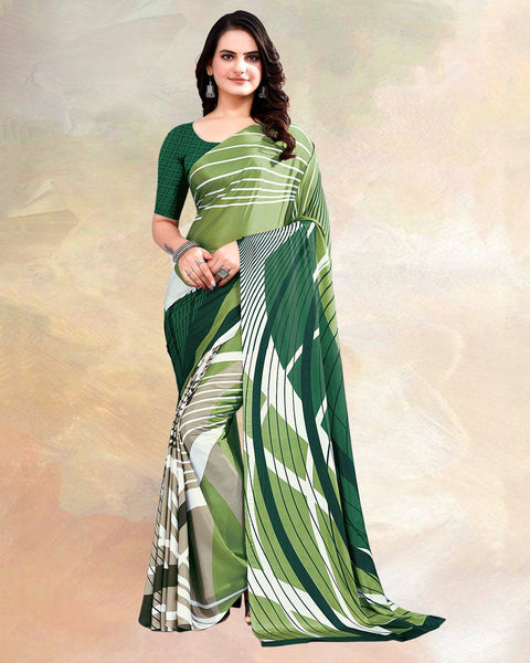 Dark Olive Green Printed Digital Print Crepe Saree