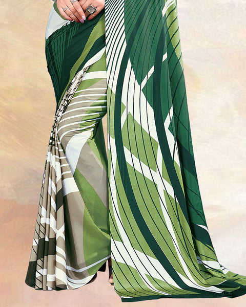 Dark Olive Green Printed Digital Print Crepe Saree