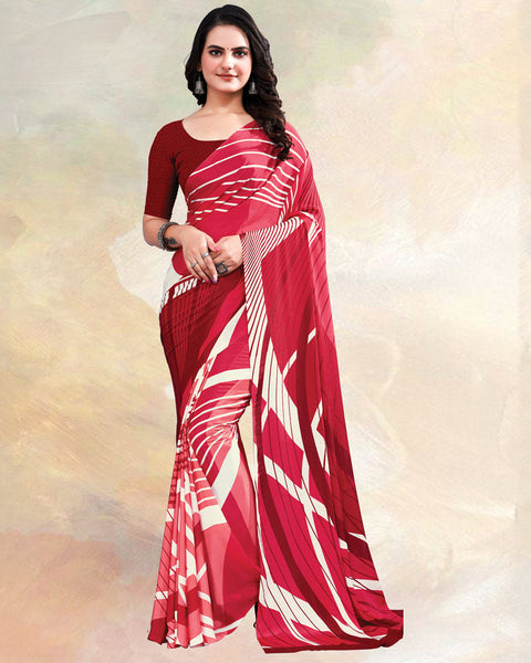Pinkish Red Printed Digital Print Crepe Saree