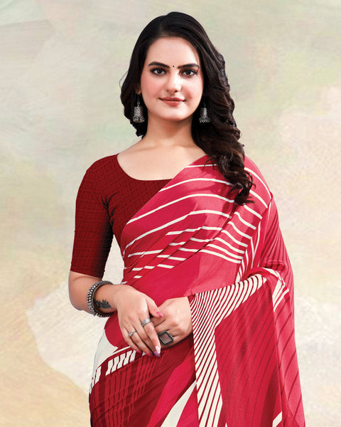 Pinkish Red Printed Digital Print Crepe Saree