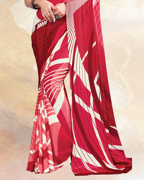 Pinkish Red Printed Digital Print Crepe Saree