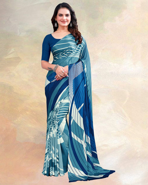 Dark Blue Printed Digital Print Crepe Saree