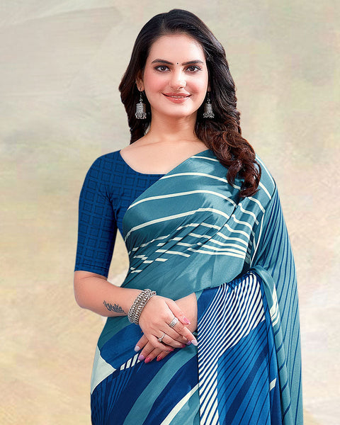 Dark Blue Printed Digital Print Crepe Saree