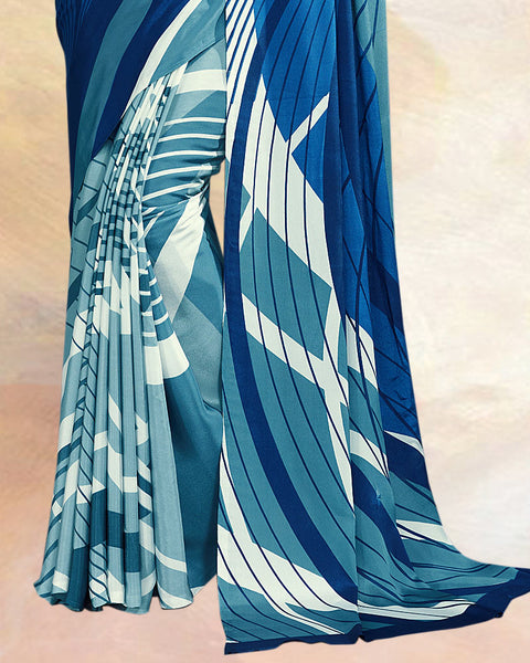 Dark Blue Printed Digital Print Crepe Saree