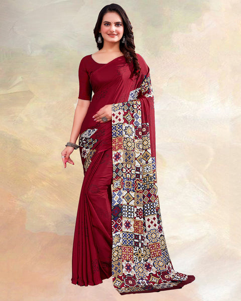 Burgundy Printed Digital Print Crepe Saree