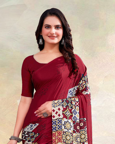 Burgundy Printed Digital Print Crepe Saree