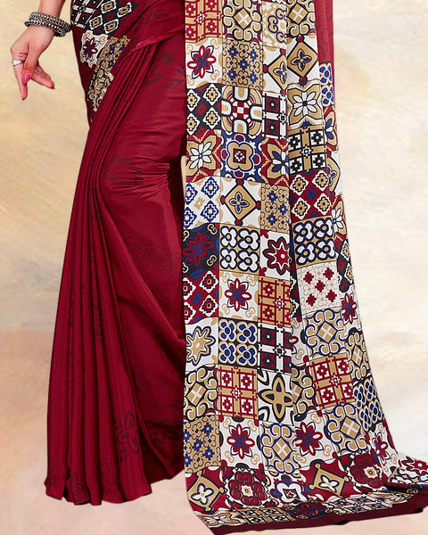 Burgundy Printed Digital Print Crepe Saree