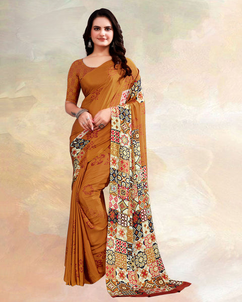Ochre Printed Digital Print Crepe Saree