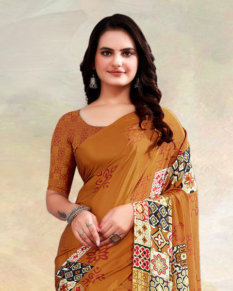 Ochre Printed Digital Print Crepe Saree