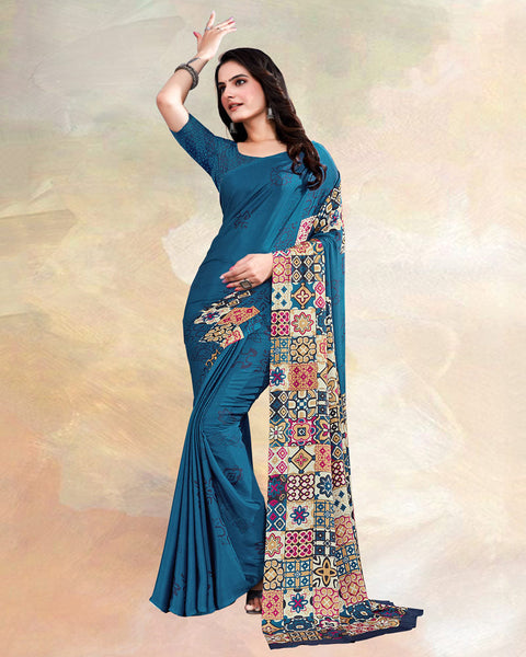 Peacock Blue Printed Digital Print Crepe Saree
