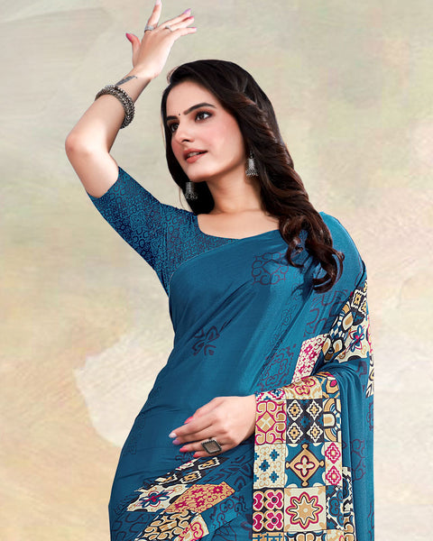 Peacock Blue Printed Digital Print Crepe Saree
