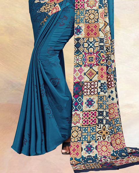 Peacock Blue Printed Digital Print Crepe Saree