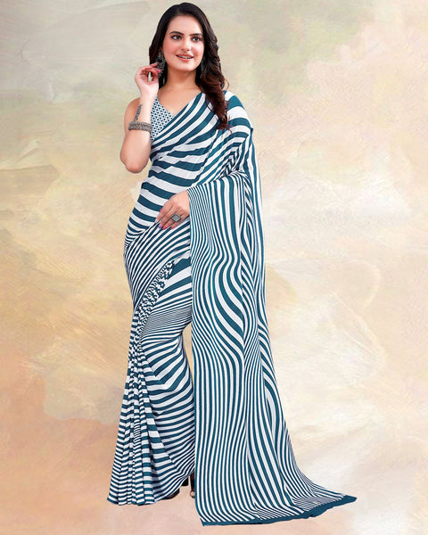 Teal Green Printed Digital Print Crepe Saree